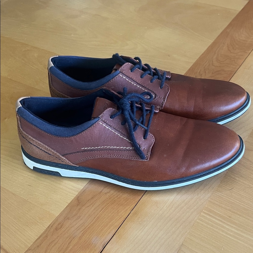 Aldo Men's Brown Leather Lace-Up Oxfords with Navy Accents Sz 9.5
